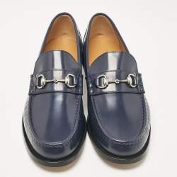 Pre Owned Gucci Dark Blue Leather Horsebit Loafers Size 48