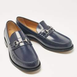 Pre Owned Gucci Dark Blue Leather Horsebit Loafers Size 48