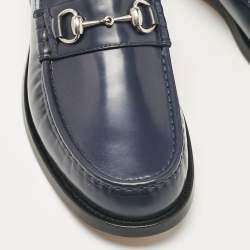 Pre Owned Gucci Dark Blue Leather Horsebit Loafers Size 48