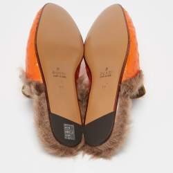 Gucci Orange/Yellow Ostrich and Fur Lined Princetown Flat Mules Size 45
