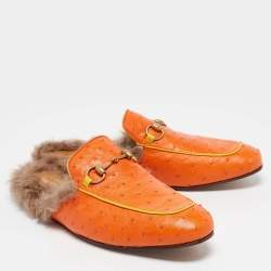 Gucci Orange/Yellow Ostrich and Fur Lined Princetown Flat Mules Size 45