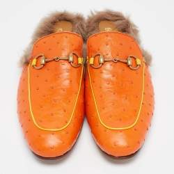 Gucci Orange/Yellow Ostrich and Fur Lined Princetown Flat Mules Size 45