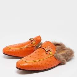 Gucci Orange/Yellow Ostrich and Fur Lined Princetown Flat Mules Size 45
