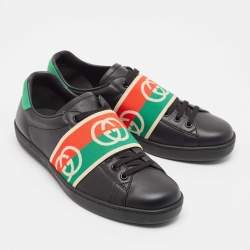 Gucci Black Leather Ace Web Low Top Sneakers Size 42