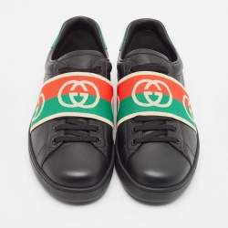 Gucci Black Leather Ace Web Low Top Sneakers Size 42