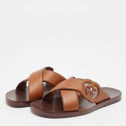 Gucci Brown Leather Interlocking G Logo Slides Size 42