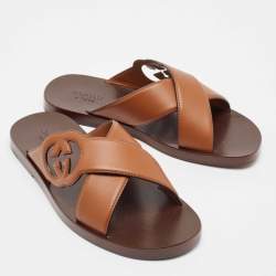 Gucci Brown Leather Interlocking G Logo Slides Size 42