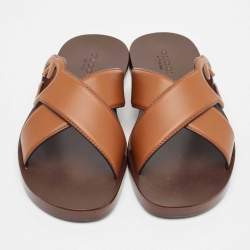 Gucci Brown Leather Interlocking G Logo Slides Size 42