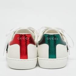 Pre Owned Gucci White Leather and Snakeskin Embossed Leather Ace Lace Up Sneakers Size 44