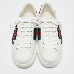 Pre Owned Gucci White Leather and Snakeskin Embossed Leather Ace Lace Up Sneakers Size 44