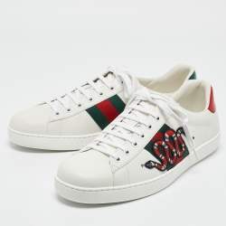 Pre Owned Gucci White Leather and Snakeskin Embossed Leather Ace Lace Up Sneakers Size 44