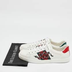 Pre Owned Gucci White Leather and Snakeskin Embossed Leather Ace Lace Up Sneakers Size 44