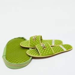 Gucci Green Quilted Satin Interlocking G Logo Flat Slides Size 44