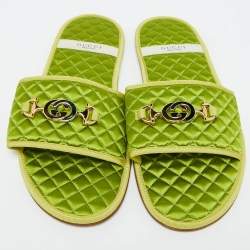 Gucci Green Quilted Satin Interlocking G Logo Flat Slides Size 44