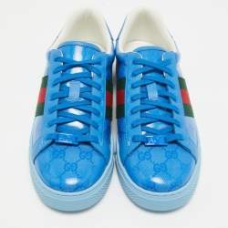 Pre Owned Gucci Blue GG Canvas and Leather Ace Lace Up Sneakers Size 42
