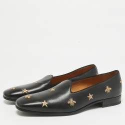 Gucci Black Leather Embroidered Bee and Star Slip On Loafers Size 44