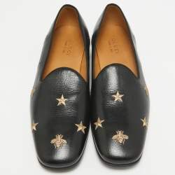Gucci Black Leather Embroidered Bee and Star Slip On Loafers Size 44