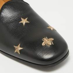 Gucci Black Leather Embroidered Bee and Star Slip On Loafers Size 44