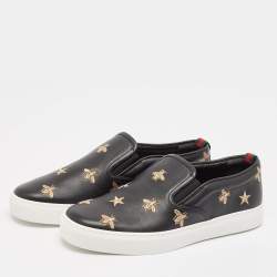 Gucci Black Leather Bees Slip On Sneakers Size 40