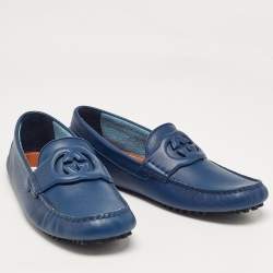 Gucci Blue Leather Interlocking G Loafers Size 43.5