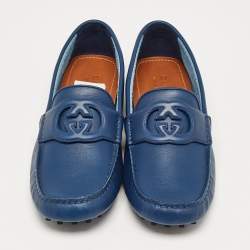 Gucci Blue Leather Interlocking G Loafers Size 43.5