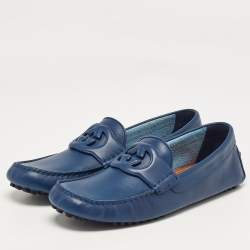 Gucci Blue Leather Interlocking G Loafers Size 43.5