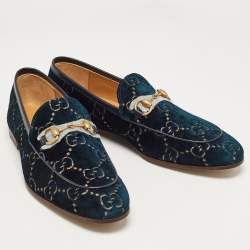 Pre Owned Gucci Blue GG Velvet Jordaan Loafers Size 43.5