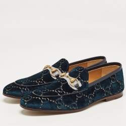 Pre Owned Gucci Blue GG Velvet Jordaan Loafers Size 43.5