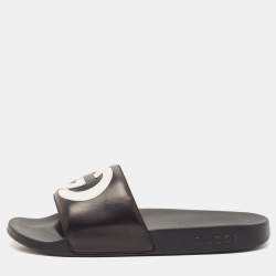 Gucci Black/White Leather Interlocking G Pool Slides Size 42