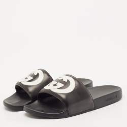Gucci Black/White Leather Interlocking G Pool Slides Size 42
