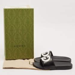 Gucci Black/White Leather Interlocking G Pool Slides Size 42