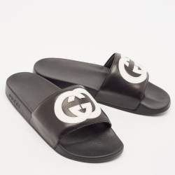 Gucci Black/White Leather Interlocking G Pool Slides Size 42