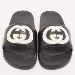 Gucci Black/White Leather Interlocking G Pool Slides Size 42