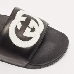 Gucci Black/White Leather Interlocking G Pool Slides Size 42