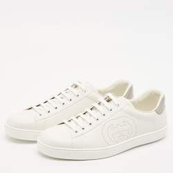 مملوكة مسبقًا Gucci White/Grey Leather Perforated Interlocking G Ace Low Top Sneakers Size 44.5