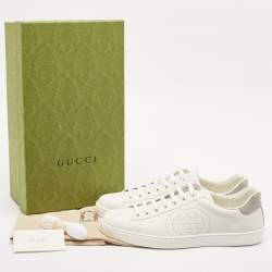 مملوكة مسبقًا Gucci White/Grey Leather Perforated Interlocking G Ace Low Top Sneakers Size 44.5