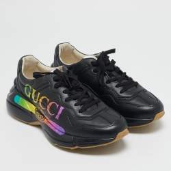 Gucci Black Leather Iridescent Logo Rhyton Sneakers Size 42.5
