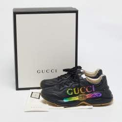 Gucci Black Leather Iridescent Logo Rhyton Sneakers Size 42.5