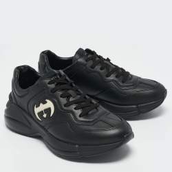 Gucci Black Leather Interlocking G Rhyton Sneakers Size 43.5
