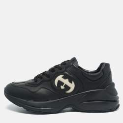 Gucci Black Leather Interlocking G Rhyton Sneakers Size 43.5
