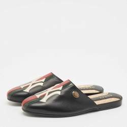 Pre Owned Gucci Black Leather NY Yankees Flat Mules Size 41