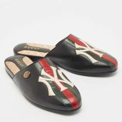 Pre Owned Gucci Black Leather NY Yankees Flat Mules Size 41