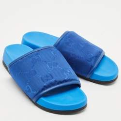 Pre Owned Gucci Blue Jumbo GG Nylon Slide Sandals Size 43