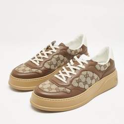 Gucci Brown/Beige GG Canvas and Leather Screener Low Top Sneakers Size 45.5