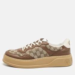 Gucci Brown/Beige GG Canvas and Leather Screener Low Top Sneakers Size 45.5