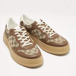 Gucci Brown/Beige GG Canvas and Leather Screener Low Top Sneakers Size 45.5