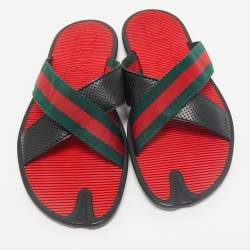 Gucci Black Leather And Web Tape Cross Strap Flat Slide Sandals Size 45