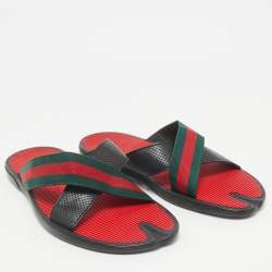 Gucci Black Leather And Web Tape Cross Strap Flat Slide Sandals Size 45