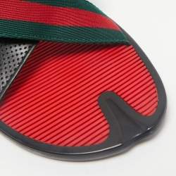 Gucci Black Leather And Web Tape Cross Strap Flat Slide Sandals Size 45