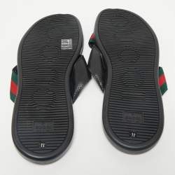 Gucci Black Leather And Web Tape Cross Strap Flat Slide Sandals Size 45